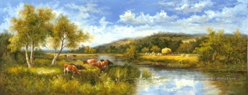 Paysage rural idyllique terres agricoles paysage bovins 0 415 Peinture à l'huile